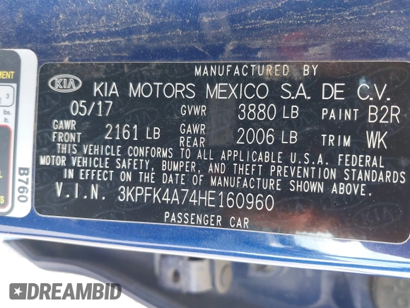 2017 Kia Forte LX with VIN 3KPFK4A74HE160960, listed as a IAAI auction lot 41894868 with 61,501 mi miles. Bid and sale history available at carsss.com. Image 9.