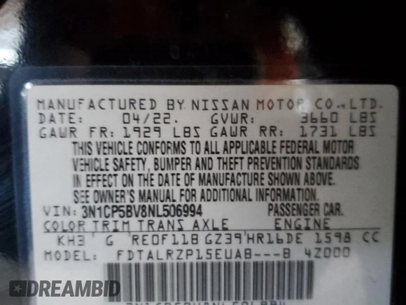 2022 Nissan Kicks S z VIN 3N1CP5BV8NL506994, wystawiony jako Copart lot #85803864 z przebiegiem 42 916 mil mil oraz Szkoda całkowita • Salvage title. Historia ofert i sprzedaży dostępna na DreamBid. Obrazek 14.