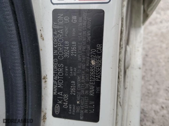 2008 Kia Spectra EX with VIN KNAFE122685580270, listed as a Copart auction lot 52729475 with 174,071 mi miles and Salvage Title. Bid and sale history available at carsss.com. Image 12.