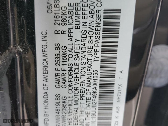 2019 Acura TLX w/Technology Pkg with VIN 19UUB2F49KA001065, listed as a Copart auction lot 84913484 with 63,884 mi miles and Salvage Title. Bid and sale history available at carsss.com. Image 14.