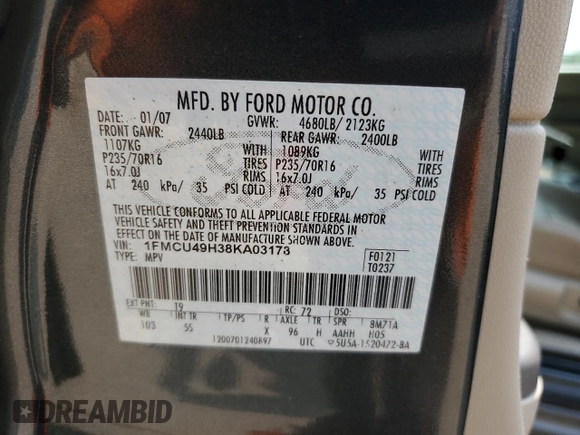 2008 Ford Escape Hybrid z VIN 1FMCU49H38KA03178, wystawiony jako Copart lot #59577115 z przebiegiem 223 992 mil mil oraz Szkoda całkowita • Salvage title. Historia ofert i sprzedaży dostępna na DreamBid. Obrazek 13.