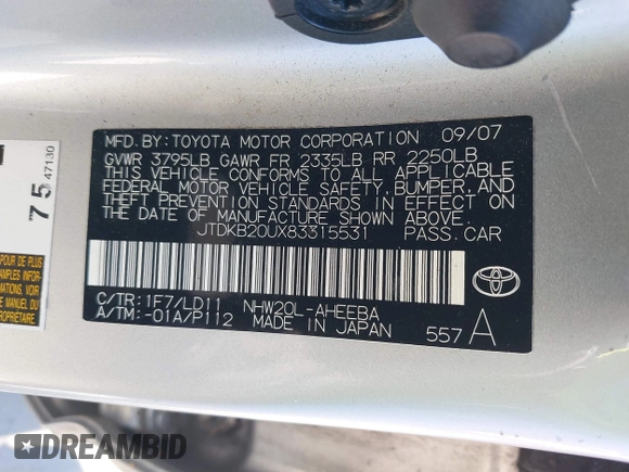 2008 Toyota Prius with VIN JTDKB20UX83315531, listed as a IAAI auction lot 41949005 with 210,812 mi miles and . Bid and sale history available at carsss.com. Image 9.