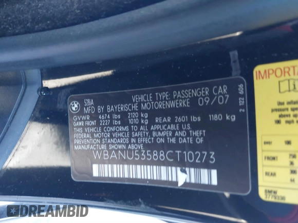 2008 BMW 5 Series 528i with VIN WBANU53588CT10273, listed as a IAAI auction lot 41080685 with 123,672 mi miles and . Bid and sale history available at DreamBid. Image 9.