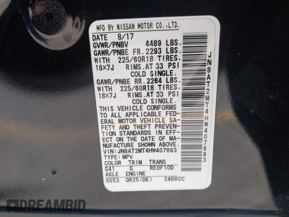 2017 Nissan Rogue SL with VIN JN8AT2MT4HW407893, listed as a IAAI auction lot 41975454 with 105,284 mi miles and . Bid and sale history available at DreamBid. Image 9.