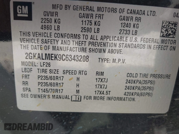 2012 GMC Terrain SLE-1 with VIN 2GKALMEK9C6343208, listed as a IAAI auction lot 42049708 with 177,967 mi miles and . Bid and sale history available at carsss.com. Image 9.