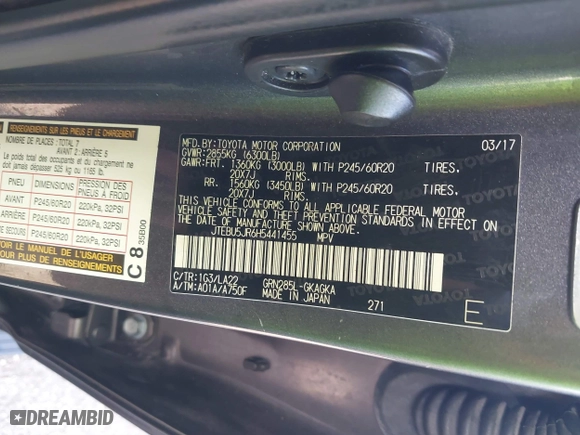 2017 Toyota 4Runner SR5 with VIN JTEBU5JR6H5441455, listed as a IAAI auction lot 41499002 with 73,797 mi miles. Bid and sale history available at carsss.com. Image 9.