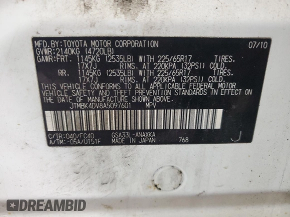 2010 Toyota RAV4 with VIN JTMBK4DV8A5097601, listed as a Copart auction lot 52365435 with 181,242 mi miles and Non Repairable. Bid and sale history available at carsss.com. Image 15.