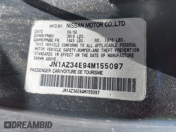 2004 Nissan 350Z Touring z VIN JN1AZ34E94M155097, wystawiony jako IAAI lot #42273474 z przebiegiem Nie podano mil oraz . Historia ofert i sprzedaży dostępna na DreamBid. Obrazek 9.