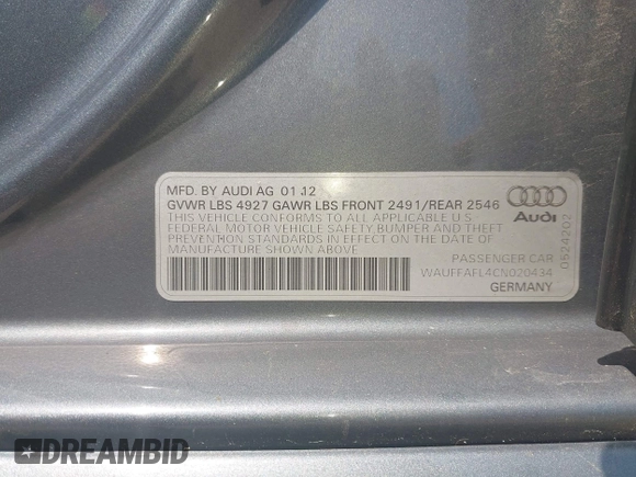 2012 Audi A4 Premium Plus с VIN WAUFFAFL4CN020434, выставлен на аукционе IAAI как лот 42514429 с пробегом 113 584 миль миль и . История ставок и продаж доступна на DreamBid. Изображение 9.