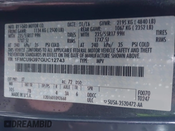 2016 Ford Escape SE z VIN 1FMCU9G97GUC12743, wystawiony jako IAAI lot #41529265 z przebiegiem Nie podano mil oraz . Historia ofert i sprzedaży dostępna na DreamBid. Obrazek 9.