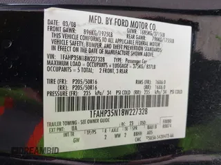 2008 Ford Focus SE with VIN 1FAHP35N18W227328, listed as a IAAI auction lot 41964750 with 196,196 mi miles. Bid and sale history available at carsss.com. Image 9.
