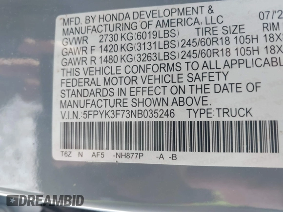 2022 Honda Ridgeline RTL-E with VIN 5FPYK3F73NB035246, listed as a IAAI auction lot 41532768 with 37,116 mi miles and . Bid and sale history available at DreamBid. Image 9.