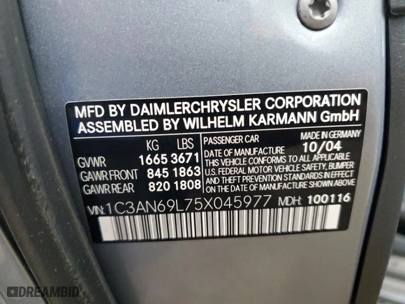 2005 Chrysler Crossfire Limited with VIN 1C3AN69L75X045977, listed as a Copart auction lot 73111504 with 115,801 mi miles and Salvage Title. Bid and sale history available at carsss.com. Image 12.
