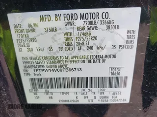 2006 Ford F-150 XLT z VIN 1FTPW14V06FB66713, wystawiony jako IAAI lot #42476916 z przebiegiem 155 509 mil mil oraz . Historia ofert i sprzedaży dostępna na DreamBid. Obrazek 9.