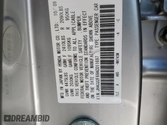 2010 Acura TSX with VIN JH4CU2F69AC011697, listed as a Copart auction lot 62818335 with 221,615 mi miles and Salvage title. Bid and sale history available at DreamBid. Image 12.