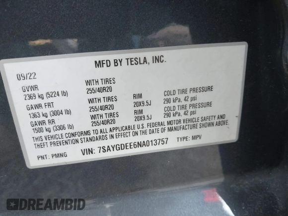 2022 Tesla Model Y Long Range z VIN 7SAYGDEE6NA013757, wystawiony jako IAAI lot #41364867 z przebiegiem 33 621 mil mil oraz . Historia ofert i sprzedaży dostępna na DreamBid. Obrazek 9.