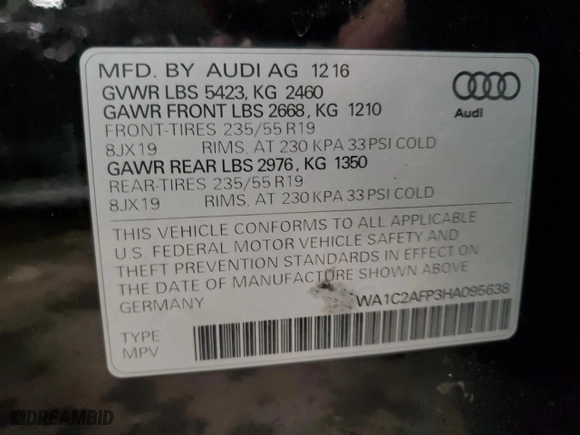 2017 Audi Q5 Premium with VIN WA1C2AFP3HA095638, listed as a Copart auction lot 43733015 with 116,666 mi miles and Salvage Title. Bid and sale history available at carsss.com. Image 13.