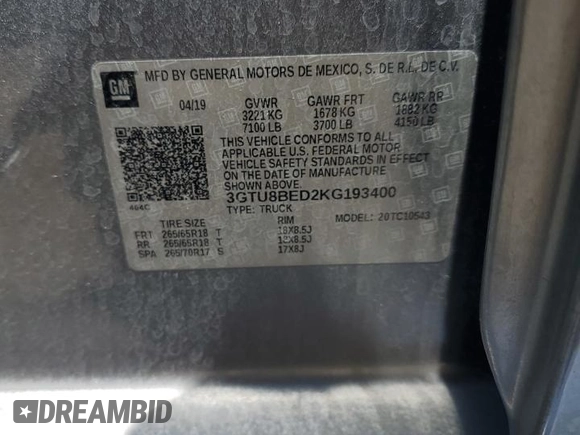 2019 GMC Sierra 1500 with VIN 3GTU8BED2KG193400, listed as a Copart auction lot 53545715 with 50,437 mi miles and Salvage Title. Bid and sale history available at DreamBid. Image 15.