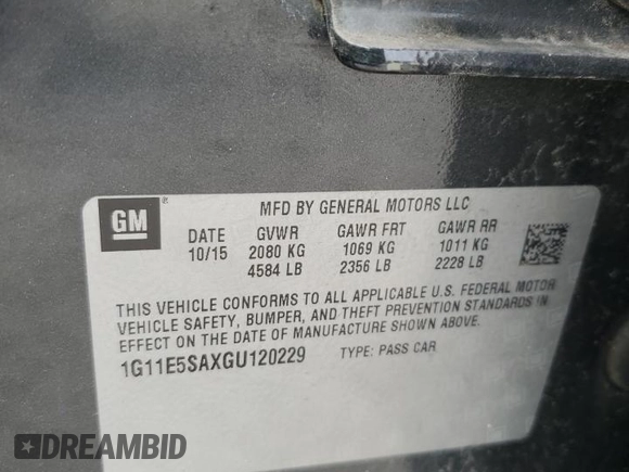2016 Chevrolet Malibu LTZ with VIN 1G11E5SAXGU120229, listed as a Copart auction lot 78781544 with 149,934 mi miles and Salvage Title. Bid and sale history available at DreamBid. Image 12.