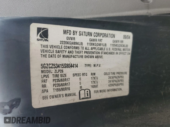 2005 Saturn VUE z VIN 5GZCZ53415S804414, wystawiony jako Copart lot #57113525 z przebiegiem 140 605 mil mil oraz Szkoda całkowita • Salvage title. Historia ofert i sprzedaży dostępna na DreamBid. Obrazek 13.