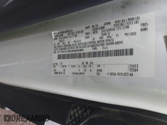 2016 Ford Transit Cargo with VIN 1FTYR1CM0GKB45468, listed as a IAAI auction lot 41351762 with Not Provided miles and . Bid and sale history available at DreamBid. Image 9.