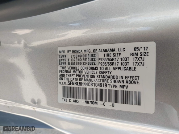 2012 Honda Odyssey EX with VIN 5FNRL5H44CB104919, listed as a IAAI auction lot 41991325 with 158,337 mi miles. Bid and sale history available at carsss.com. Image 9.