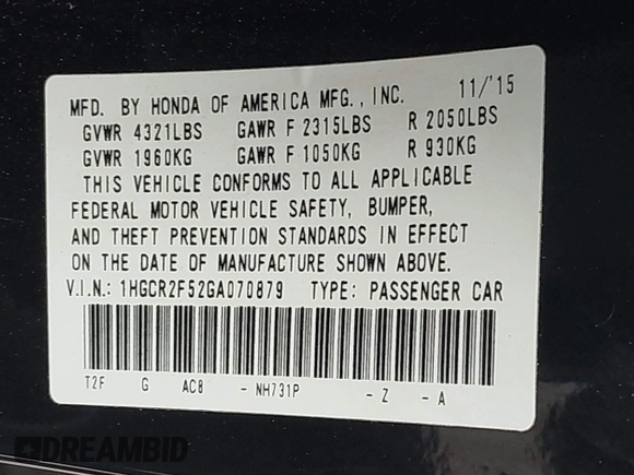 2016 Honda Accord Sport с VIN 1HGCR2F52GA070879, выставлен на аукционе IAAI как лот 41538233 с пробегом 195 153 миль миль и . История ставок и продаж доступна на DreamBid. Изображение 9.
