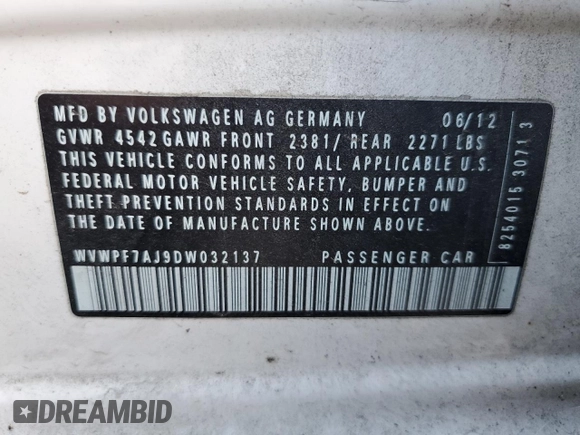 2013 Volkswagen Golf с VIN WVWPF7AJ9DW032137, выставлен на аукционе Copart как лот 75958304 с пробегом 151 021 миль миль и Списание • Salvage title. История ставок и продаж доступна на DreamBid. Изображение 12.