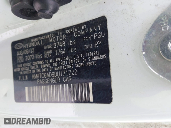 2013 Hyundai Veloster w/Black Int with VIN KMHTC6AD9DU171722, listed as a IAAI auction lot 41617721 with 115,791 mi miles and . Bid and sale history available at DreamBid. Image 9.