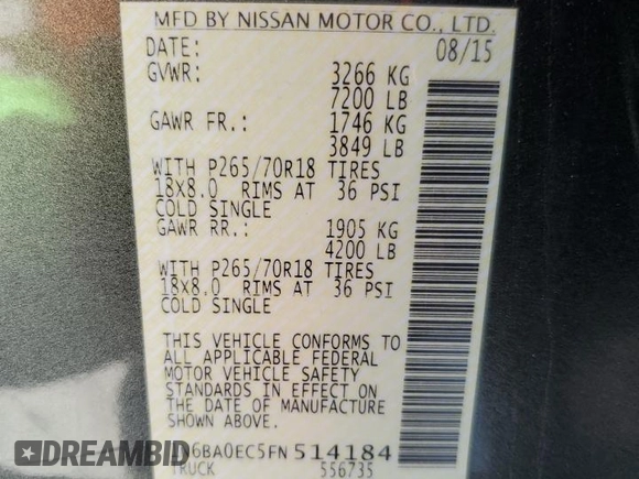 2015 Nissan Titan Pro-4X with VIN 1N6BA0EC5FN514184, listed as a Copart auction lot 56721065 with 127,283 mi miles and Salvage title. Bid and sale history available at DreamBid. Image 12.