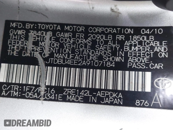 2010 Toyota Corolla with VIN JTDBU4EE2A9107184, listed as a IAAI auction lot 41861299 with 192,519 mi miles. Bid and sale history available at carsss.com. Image 9.