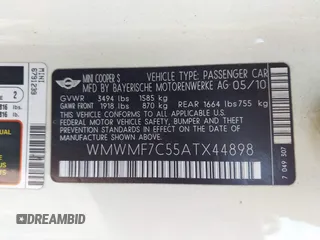2010 MINI Hardtop S with VIN WMWMF7C55ATX44898, listed as a IAAI auction lot 42727762 with 131,845 mi miles and . Bid and sale history available at DreamBid. Image 9.