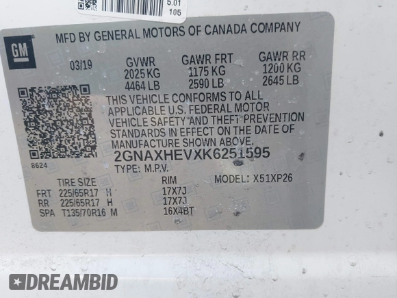 2019 Chevrolet Equinox LS with VIN 2GNAXHEVXK6251595, listed as a IAAI auction lot 41661657 with 120,348 mi miles and . Bid and sale history available at DreamBid. Image 9.