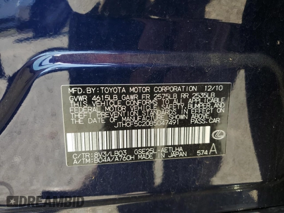 2011 Lexus IS 250 with VIN JTHCF5C20B5047491, listed as a Copart auction lot 61345255 with 118,407 mi miles and Salvage title. Bid and sale history available at DreamBid. Image 12.