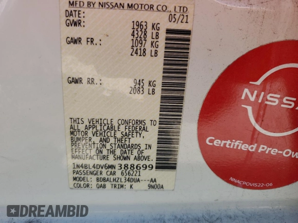 2021 Nissan Altima SV z VIN 1N4BL4DV6MN388699, wystawiony jako Copart lot #56663255 z przebiegiem 72 721 mil mil oraz Szkoda całkowita • Salvage title. Historia ofert i sprzedaży dostępna na DreamBid. Obrazek 12.