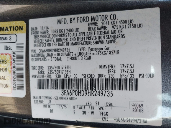 2017 Ford Fusion SE with VIN 3FA6P0HD9HR249735, listed as a IAAI auction lot 41883951 with 146,321 mi miles. Bid and sale history available at carsss.com. Image 9.