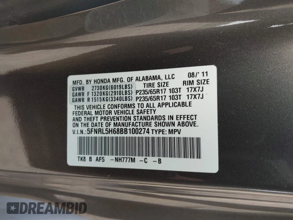 2011 Honda Odyssey EX-L with VIN 5FNRL5H68BB100274, listed as a IAAI auction lot 42159787 with 205,616 mi miles and . Bid and sale history available at carsss.com. Image 9.