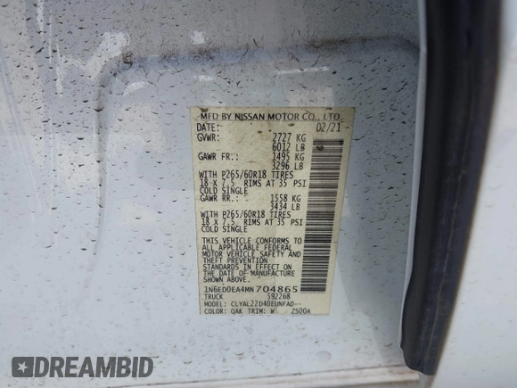 2021 Nissan Frontier SV z VIN 1N6ED0EA4MN704865, wystawiony jako IAAI lot #41990731 z przebiegiem 13 329 mil mil oraz . Historia ofert i sprzedaży dostępna na DreamBid. Obrazek 9.