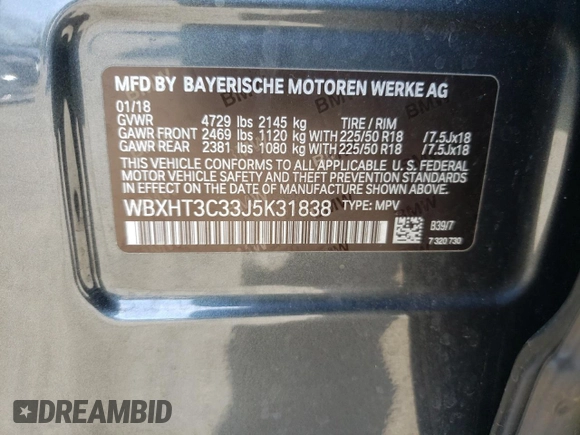 2018 BMW X1 xDrive28i with VIN WBXHT3C33J5K31838, listed as a Copart auction lot 48650943 with 63,064 mi miles and . Bid and sale history available at DreamBid. Image 13.