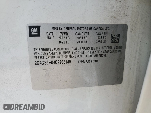 2012 Buick Regal Premium 1 with VIN 2G4GS5EK4C9208145, listed as a Copart auction lot 44690085 with 150,401 mi miles and Salvage Title. Bid and sale history available at DreamBid. Image 12.