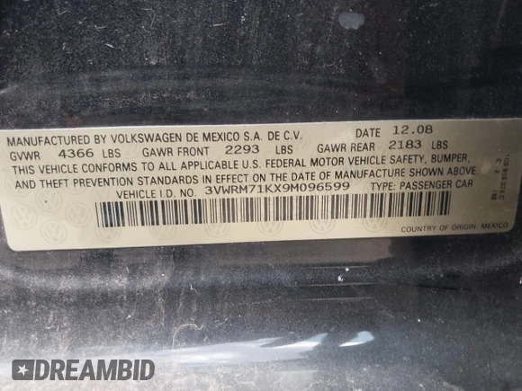 2009 Volkswagen Jetta SE with VIN 3VWRM71KX9M096599, listed as a IAAI auction lot 42727345 with 161,202 mi miles and . Bid and sale history available at DreamBid. Image 9.