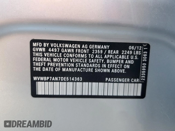 2013 Volkswagen CC Sport with VIN WVWBP7AN7DE514363, listed as a Copart auction lot 87933095 with 170,289 mi miles and Clean Title. Bid and sale history available at carsss.com. Image 12.