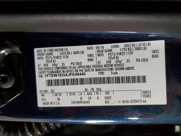 2018 Ford F-150 XL with VIN 1FTEW1EGXJFE48440, listed as a Copart auction lot 51834215 with 53,389 mi miles and Salvage Title. Bid and sale history available at carsss.com. Image 13.