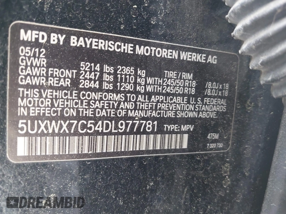 2013 BMW X3 xDrive35i with VIN 5UXWX7C54DL977781, listed as a IAAI auction lot 41912697 with 116,736 mi miles and . Bid and sale history available at DreamBid. Image 9.
