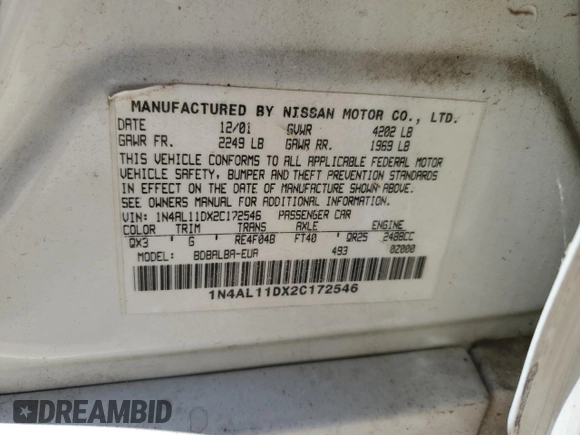2002 Nissan Altima SL with VIN 1N4AL11DX2C172546, listed as a Copart auction lot 74202224 with 0 mi miles and Salvage Title. Bid and sale history available at carsss.com. Image 12.