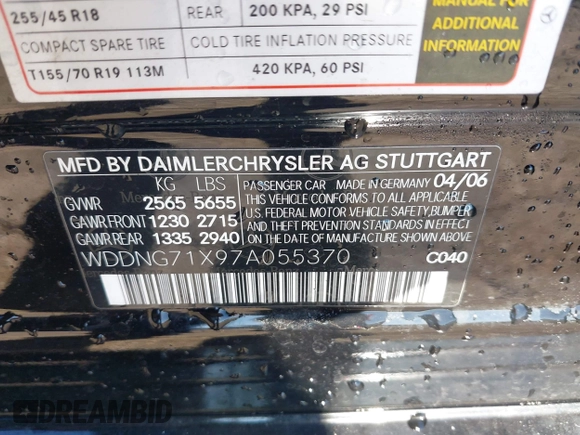 2007 Mercedes-Benz S 550 z VIN WDDNG71X97A055370, wystawiony jako IAAI lot #41163602 z przebiegiem 186 797 mil mil oraz . Historia ofert i sprzedaży dostępna na DreamBid. Obrazek 9.