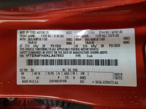2019 Ford Ranger XL z VIN 1FTER4FHXKLA67853, wystawiony jako Copart lot #60630245 z przebiegiem 25 711 mil mil oraz Szkoda całkowita • Salvage title. Historia ofert i sprzedaży dostępna na DreamBid. Obrazek 12.