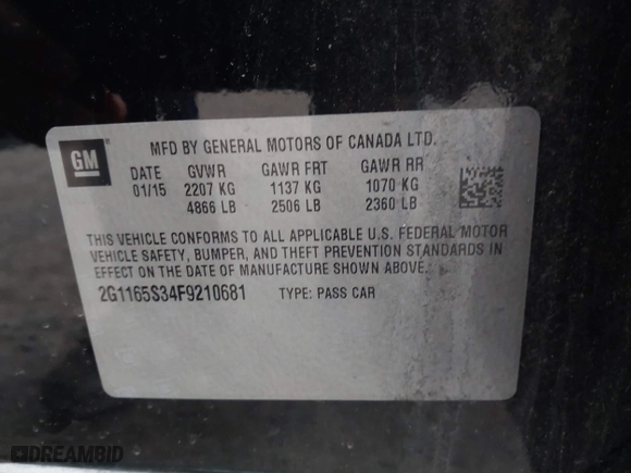 2015 Chevrolet Impala LTZ with VIN 2G1165S34F9210681, listed as a IAAI auction lot 41696745 with 117,037 mi miles. Bid and sale history available at carsss.com. Image 9.
