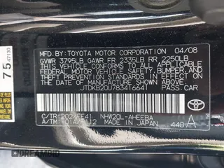 2008 Toyota Prius with VIN JTDKB20U783416641, listed as a IAAI auction lot 42030743 with 232,181 mi miles. Bid and sale history available at carsss.com. Image 9.