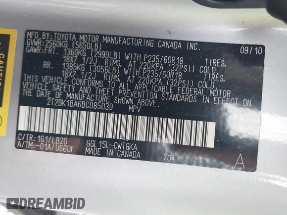 2011 Lexus RX 350 с VIN 2T2BK1BA6BC085039, выставлен на аукционе IAAI как лот 42304597 с пробегом 251 952 миль миль и . История ставок и продаж доступна на DreamBid. Изображение 9.